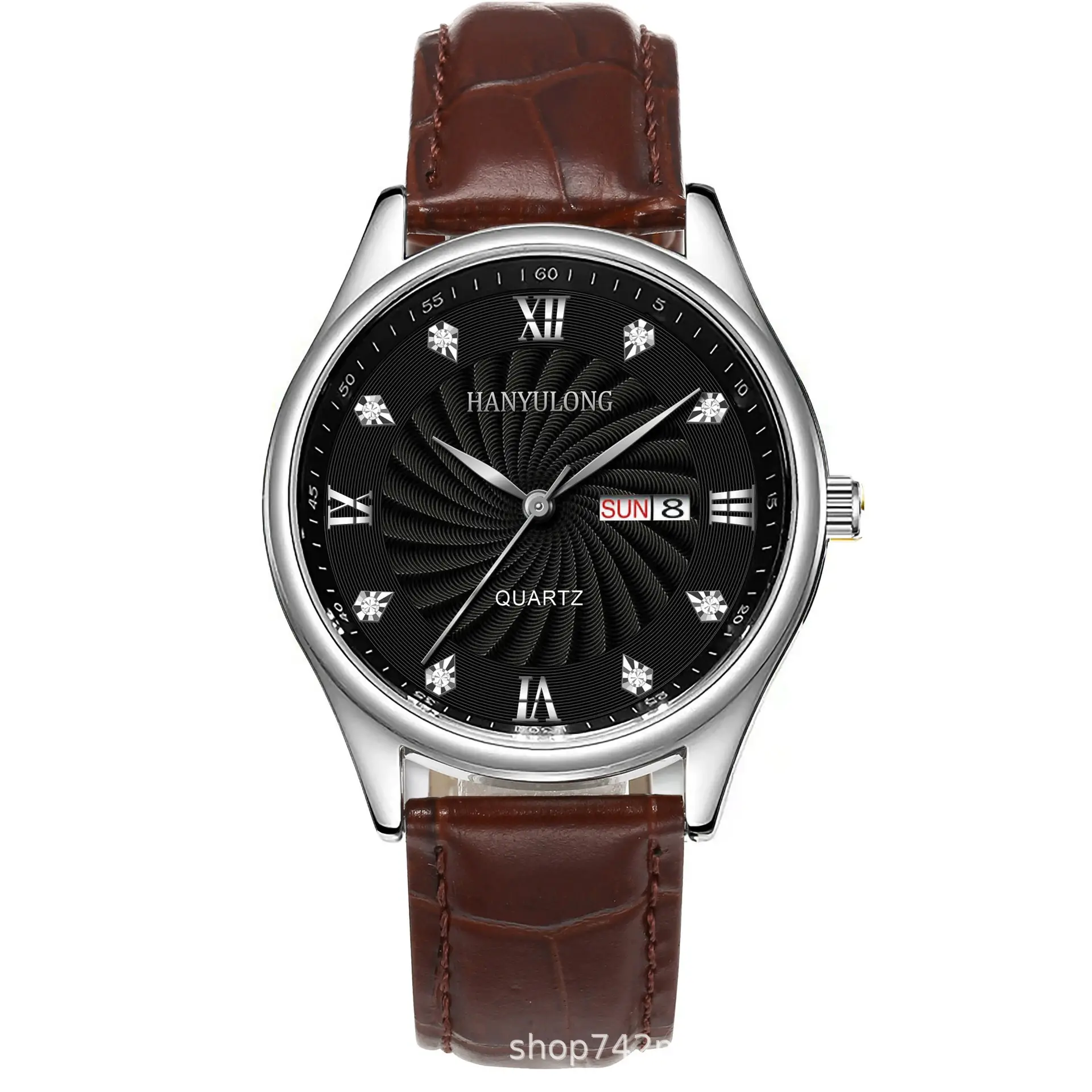 Men's Stainless Steel Dual Calendar Watch Brown Black Belt