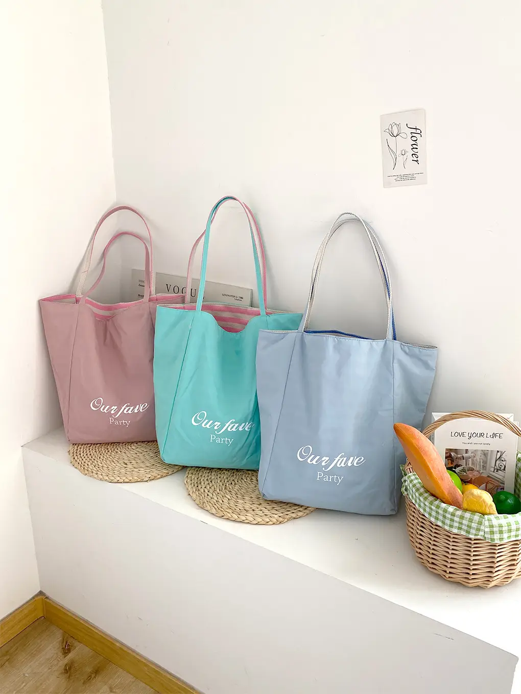 Fresh Striped Canvas Shoulder Tote Bag Purple Mint - Image 11
