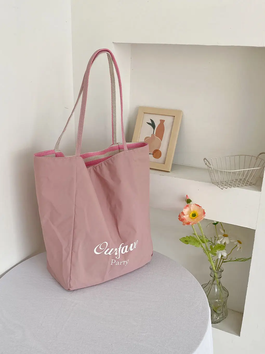 Fresh Striped Canvas Shoulder Tote Bag Purple Mint — feature 12