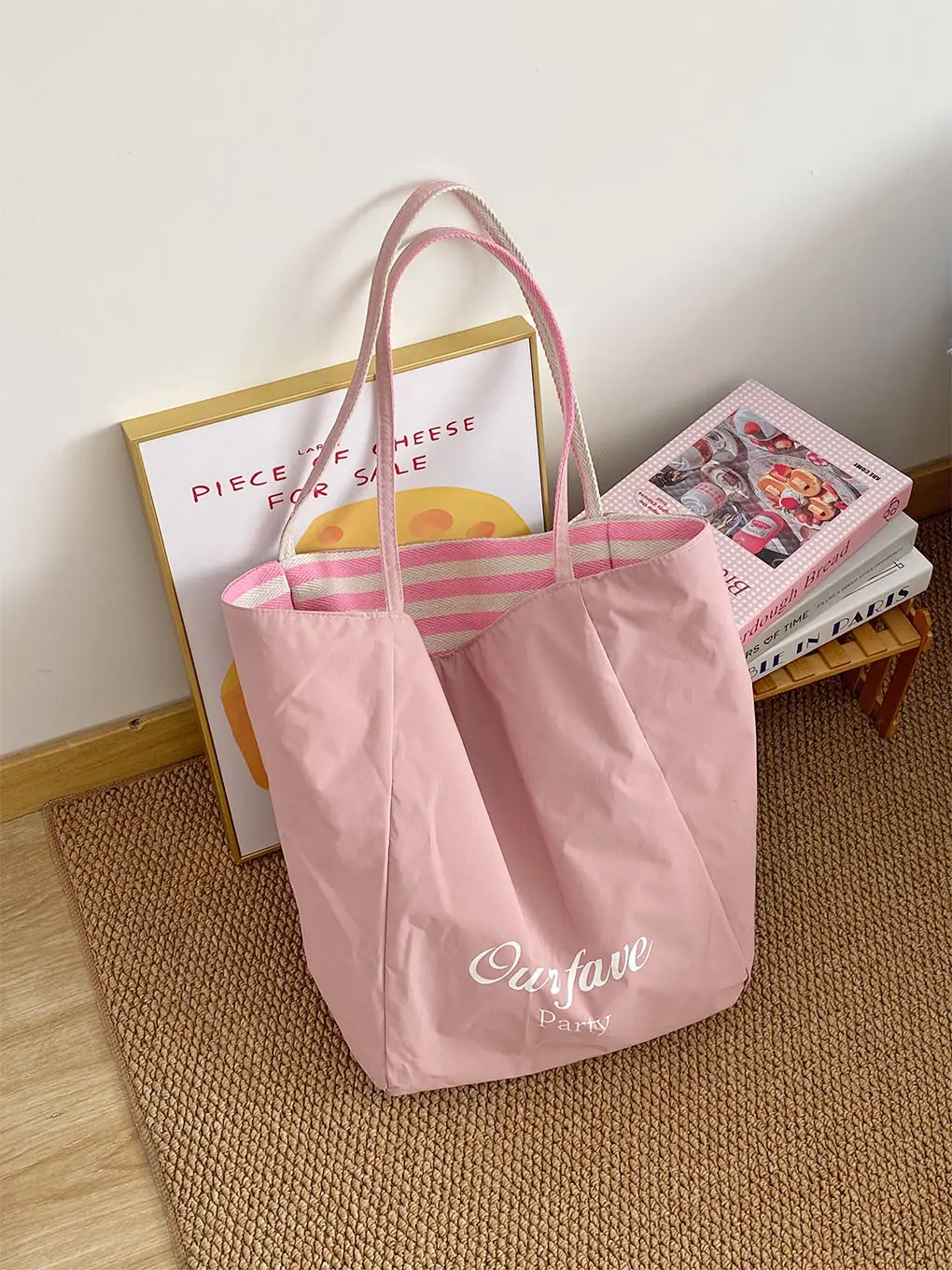 Fresh Striped Canvas Shoulder Tote Bag Purple Mint — feature 13