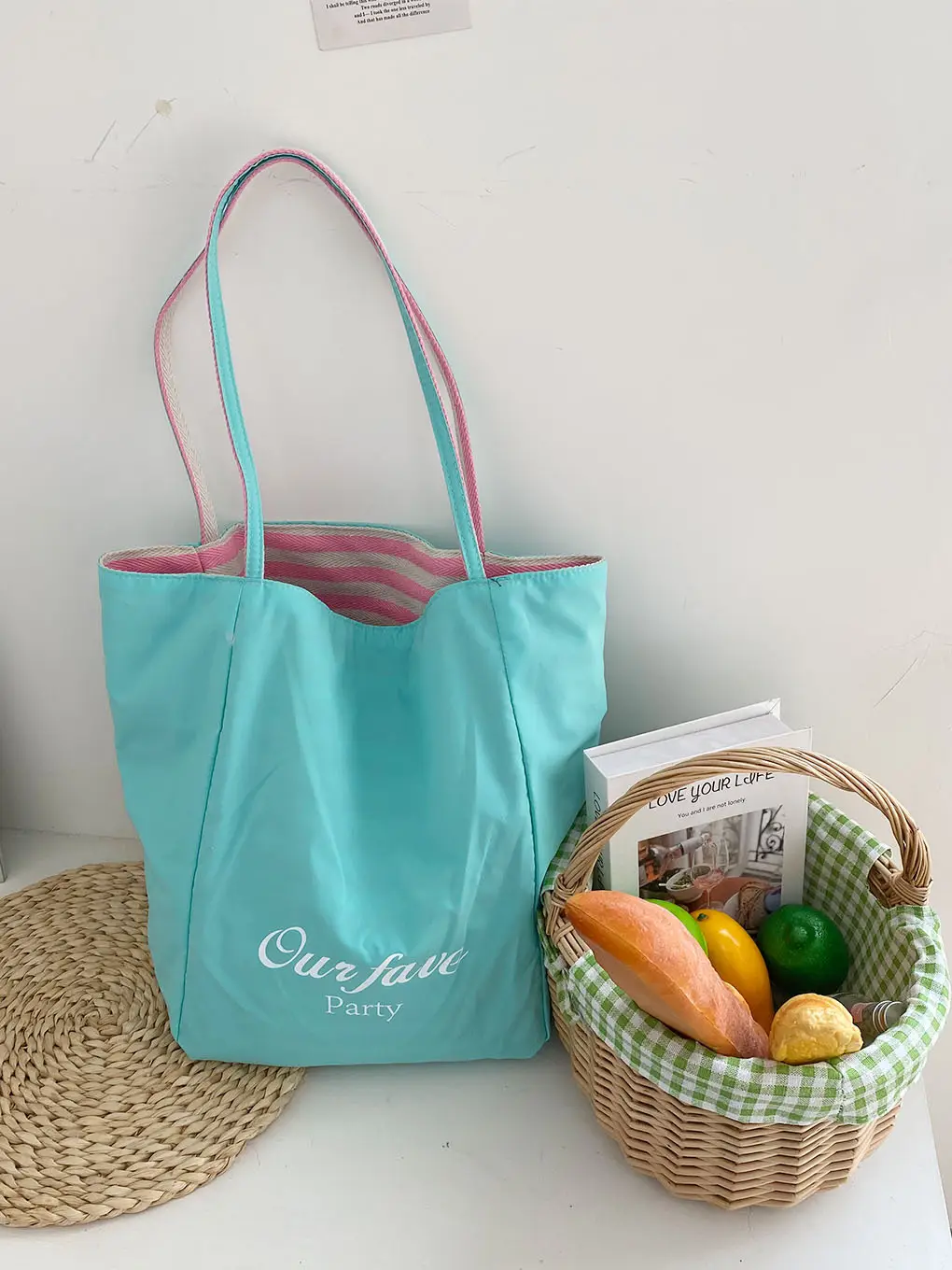 Fresh Striped Canvas Shoulder Tote Bag Purple Mint — feature 15