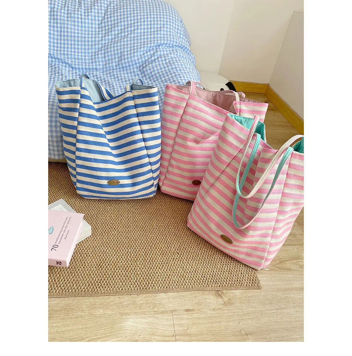 Fresh Striped Canvas Shoulder Tote Bag Purple Mint — feature 2