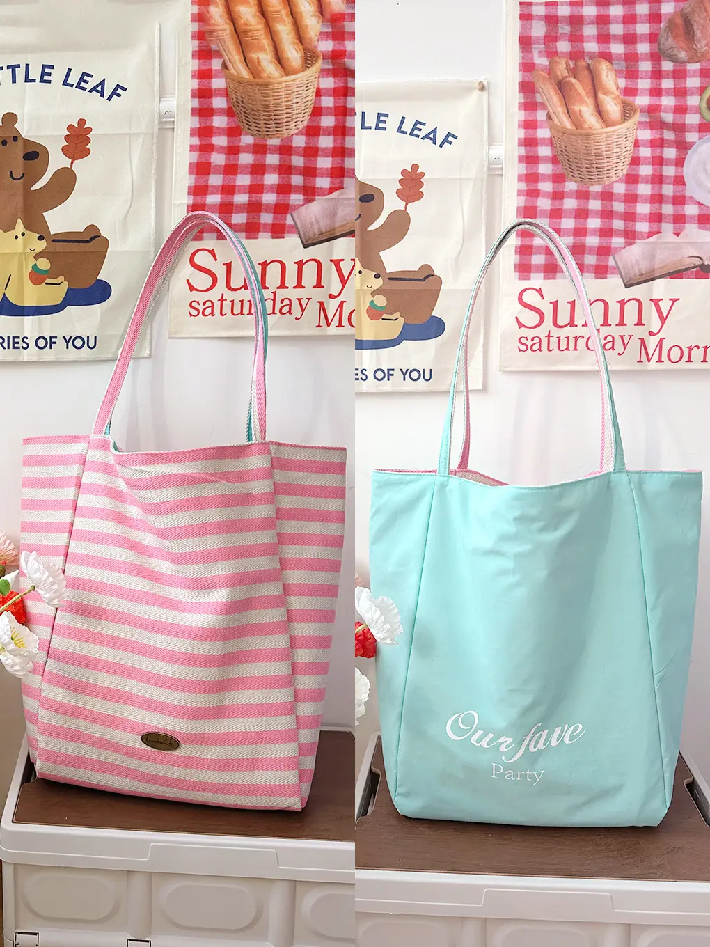Fresh Striped Canvas Shoulder Tote Bag Purple Mint - Image 6