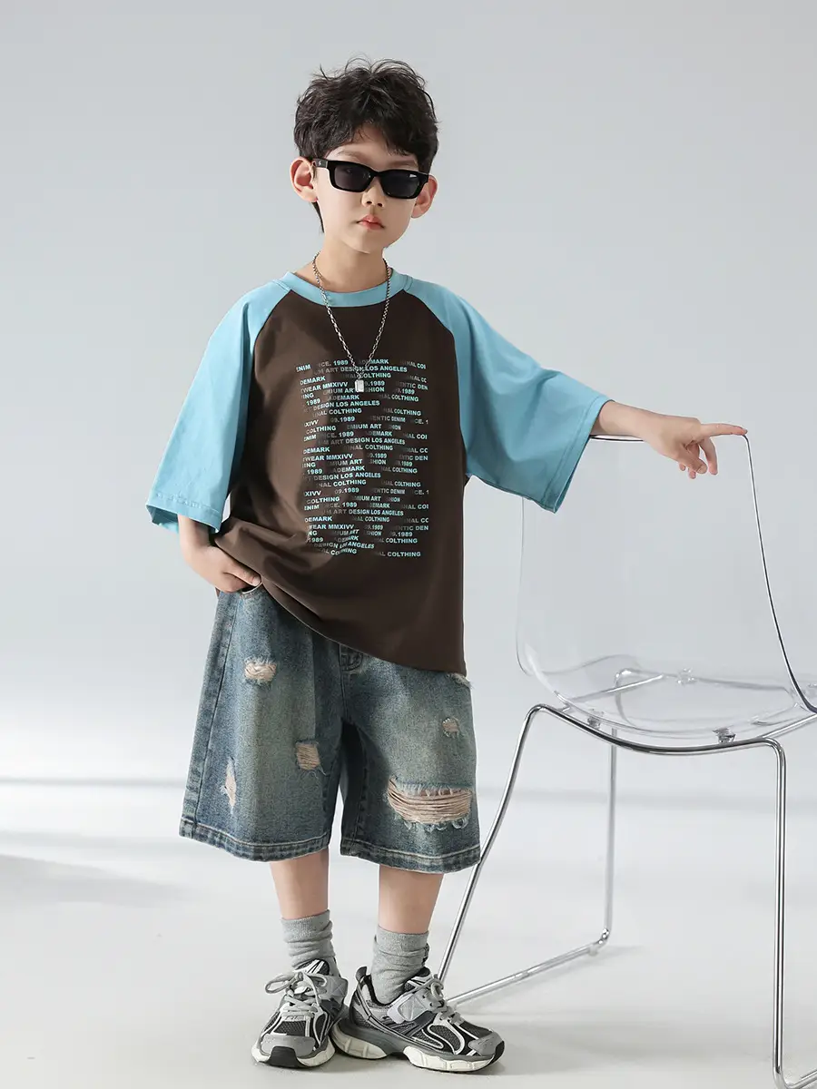 Boys Summer T-shirt Shorts Set Brown Blue 2025 Kids Wear — feature 18