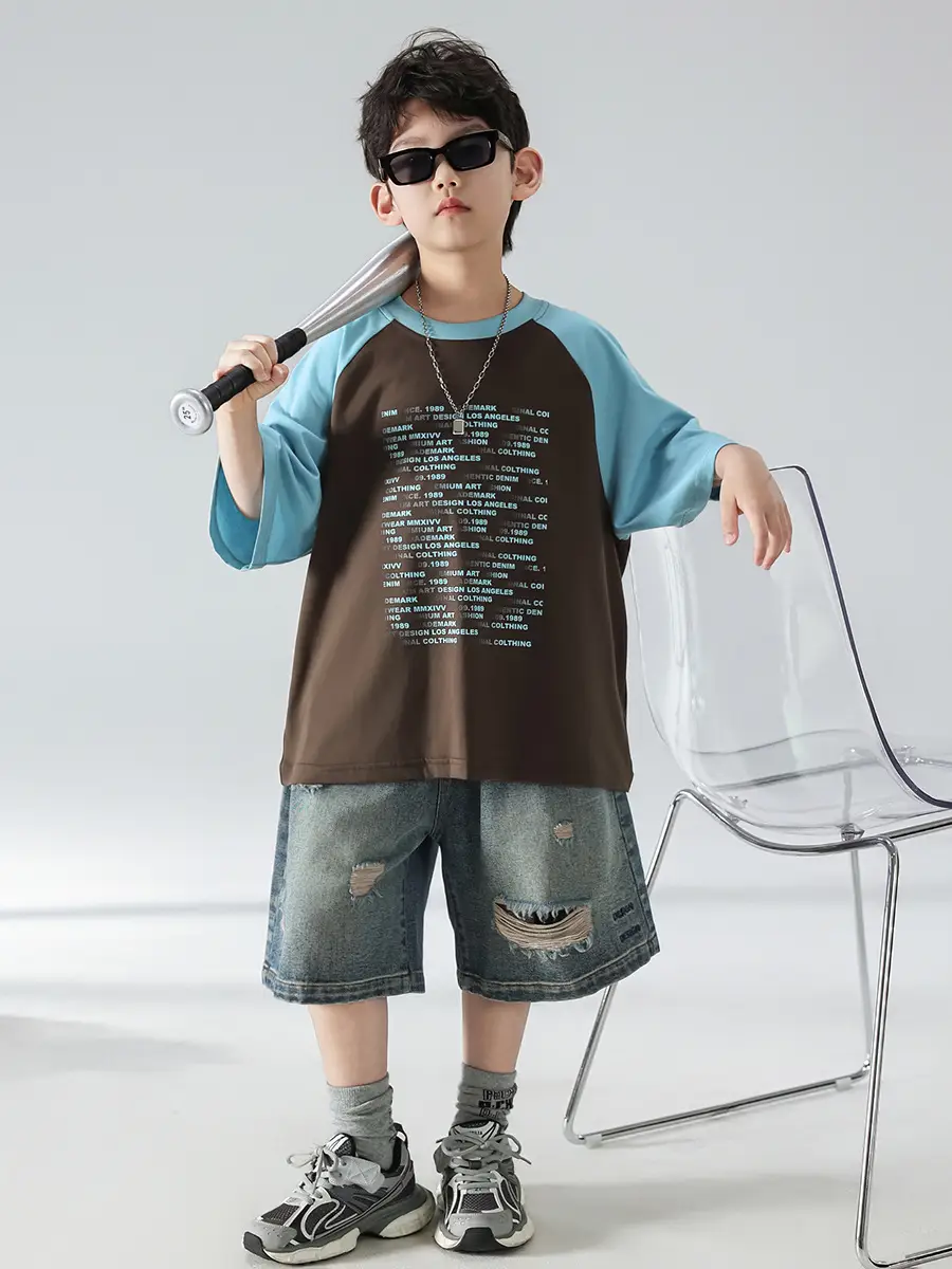 Boys Summer T-shirt Shorts Set Brown Blue 2025 Kids Wear — feature 4