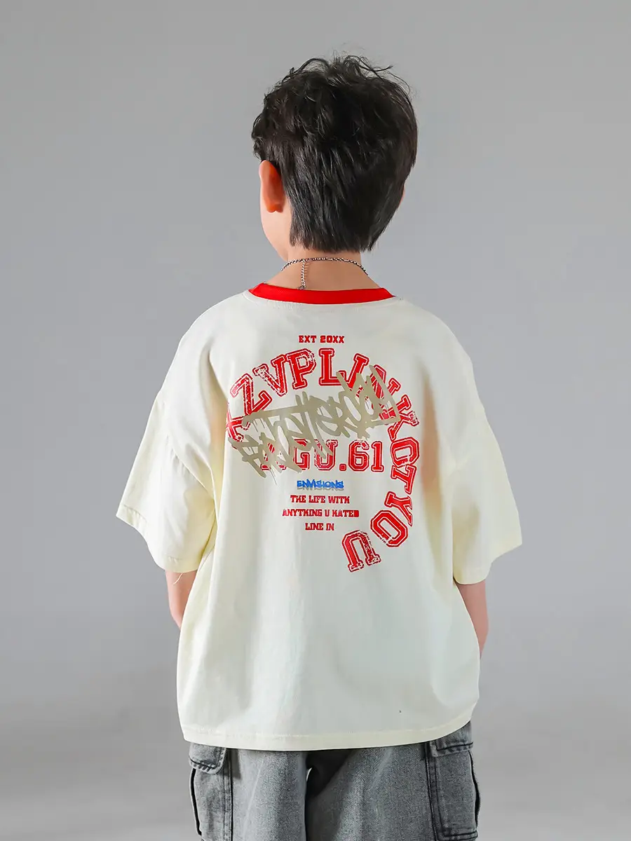 Boys Korean Style Short Sleeve T-Shirt Cream 2025 - Image 2