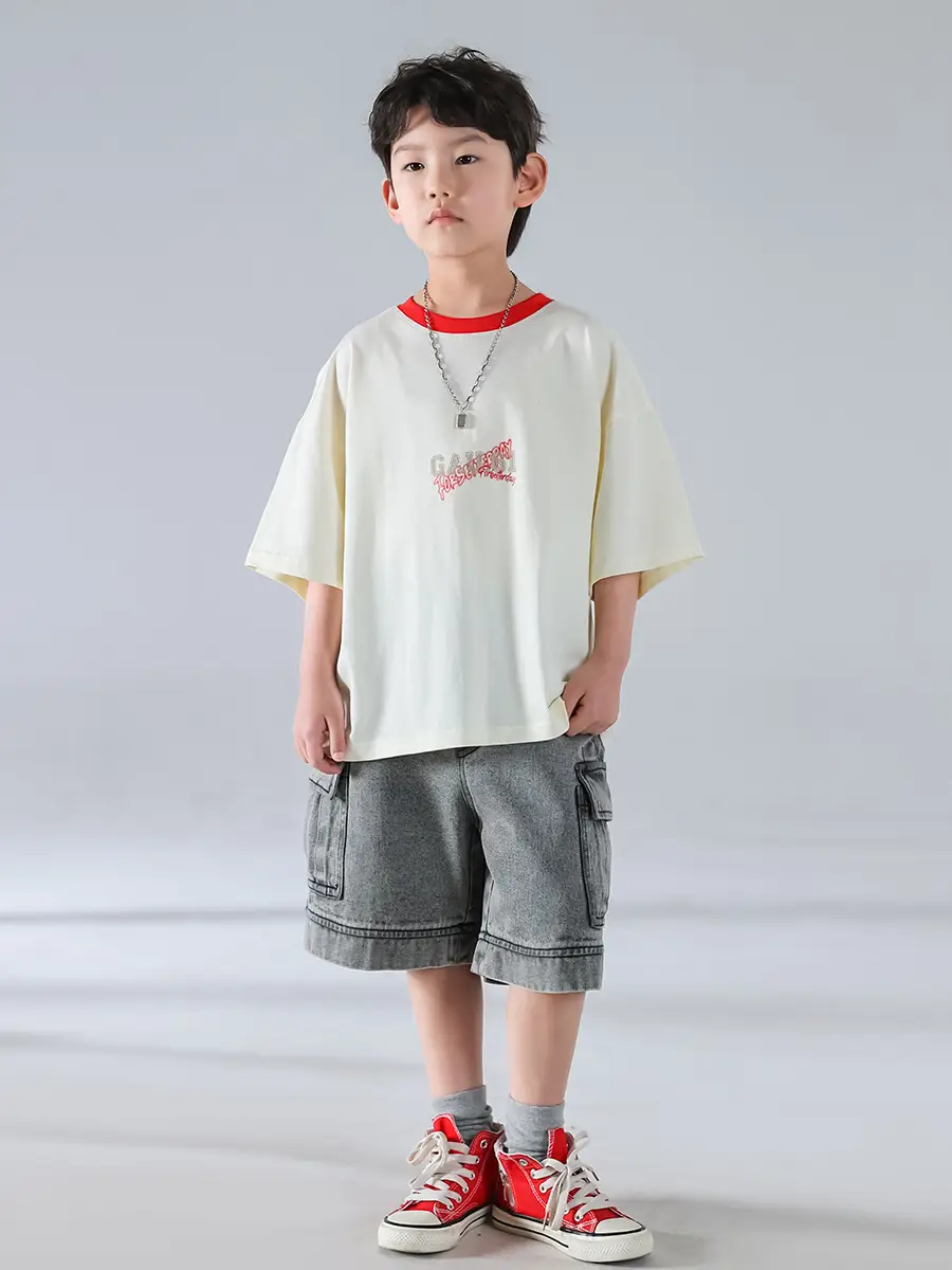 Boys Korean Style Short Sleeve T-Shirt Cream 2025 - Image 3