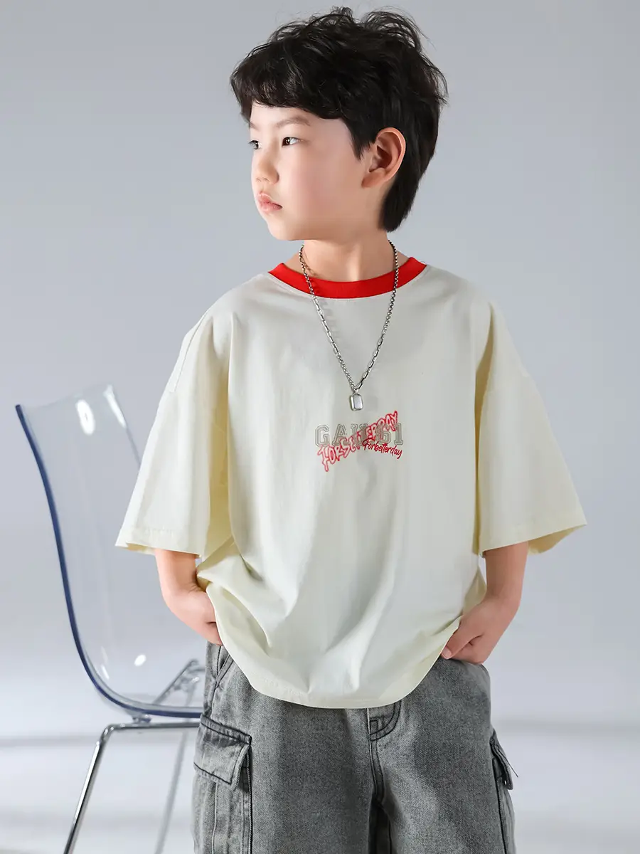 Boys Korean Style Short Sleeve T-Shirt Cream 2025 - Image 4