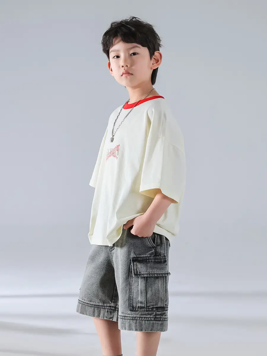 Boys Korean Style Short Sleeve T-Shirt Cream 2025 - Image 5