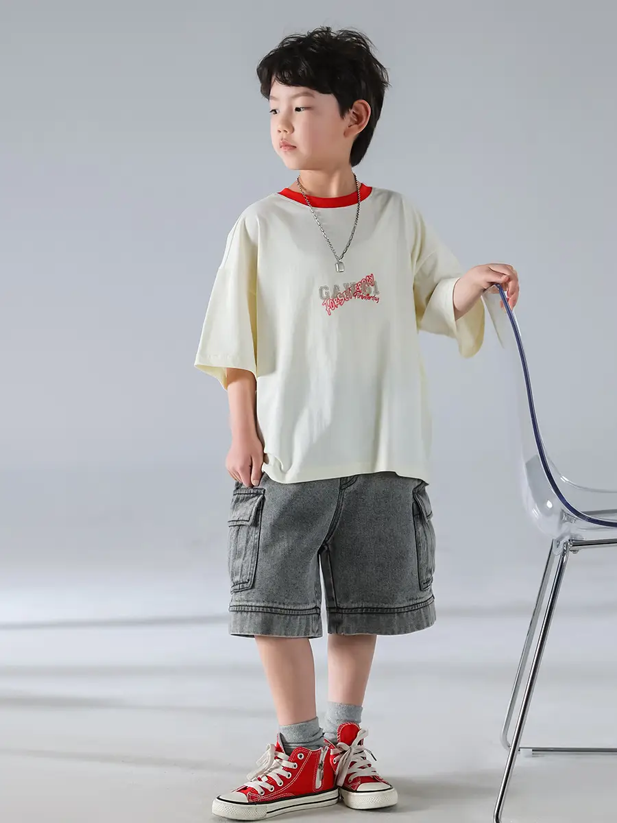 Boys Korean Style Short Sleeve T-Shirt Cream 2025 - Image 6