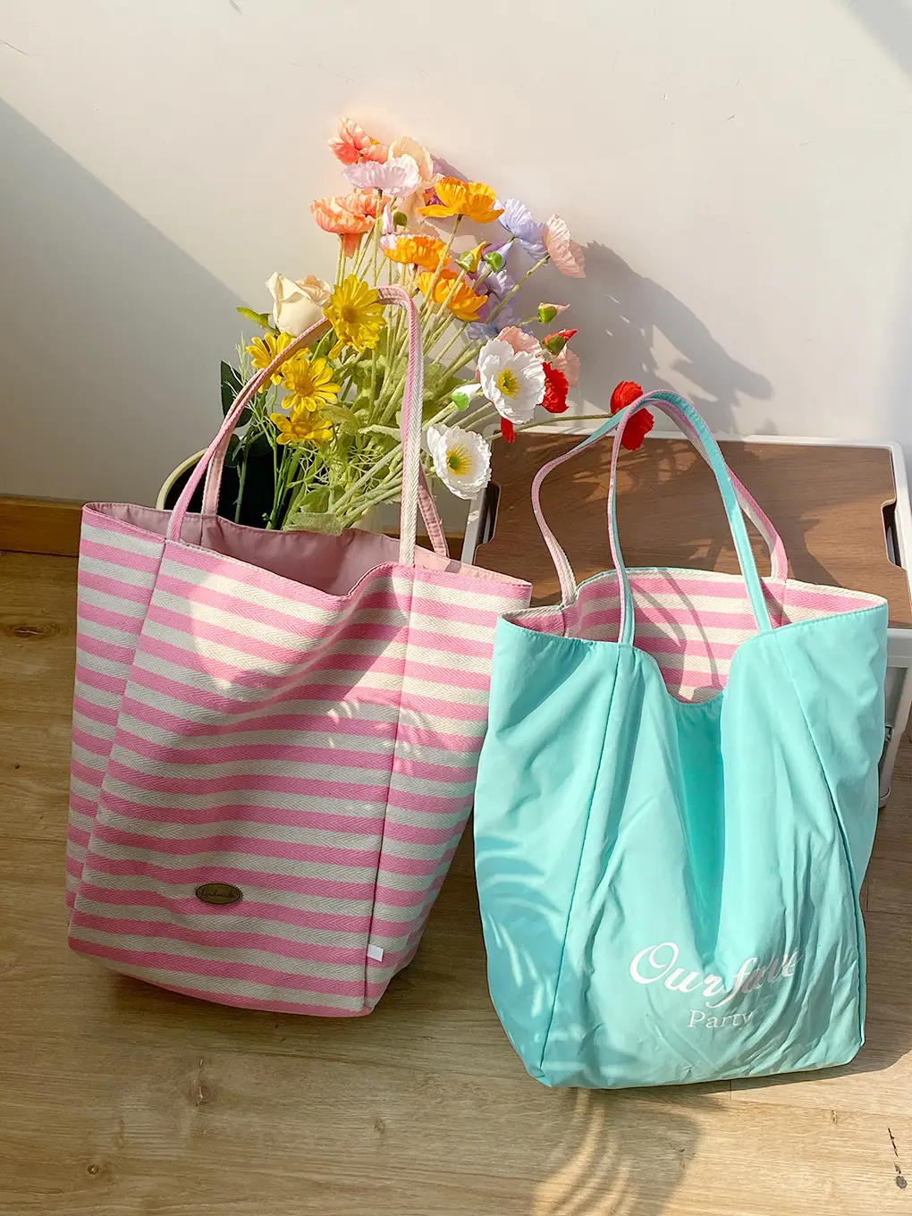 Striped Canvas Tote Bag with Blue Drawstring - Image 9