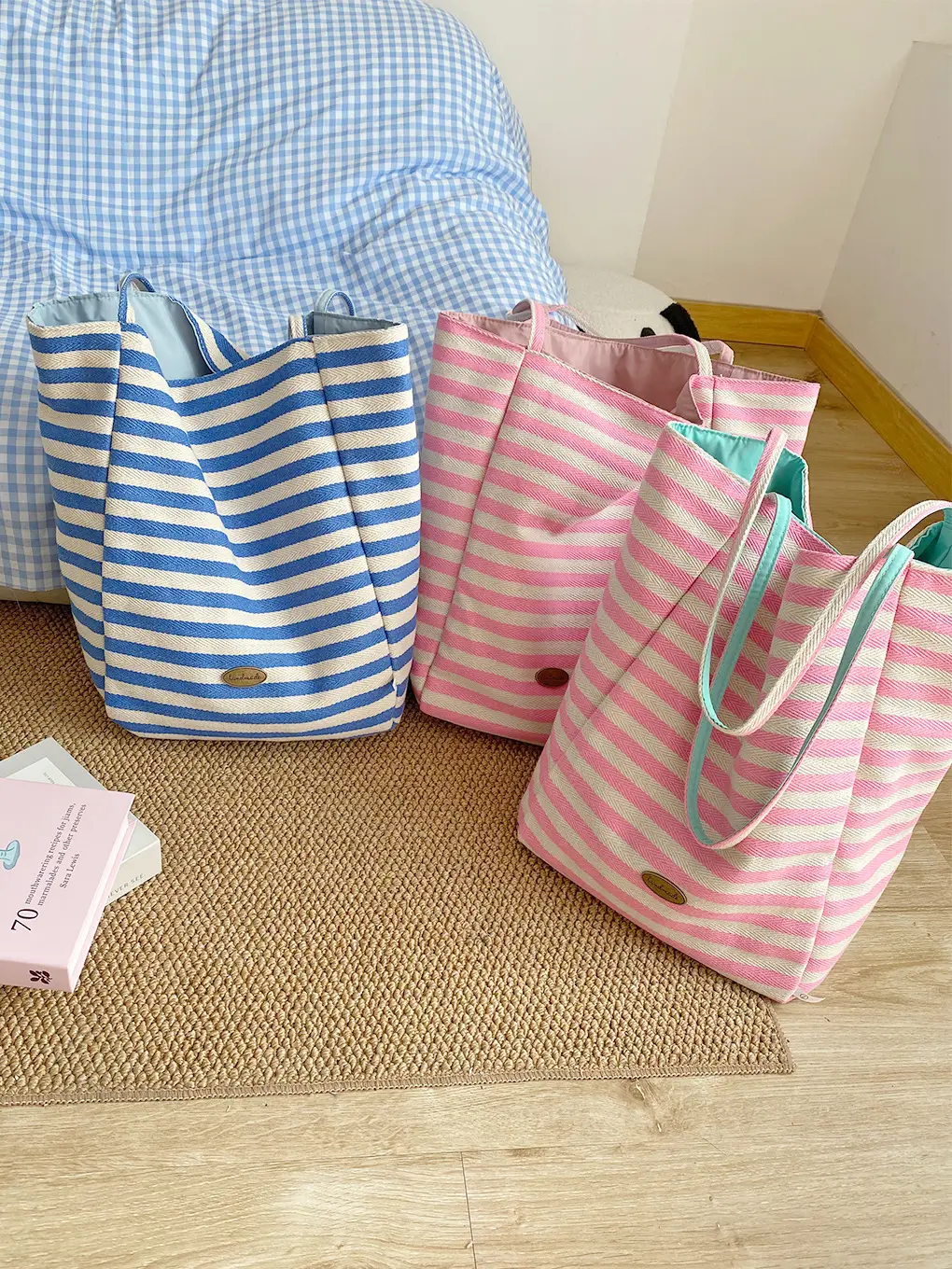Striped Canvas Tote Bag with Blue Drawstring - Image 10