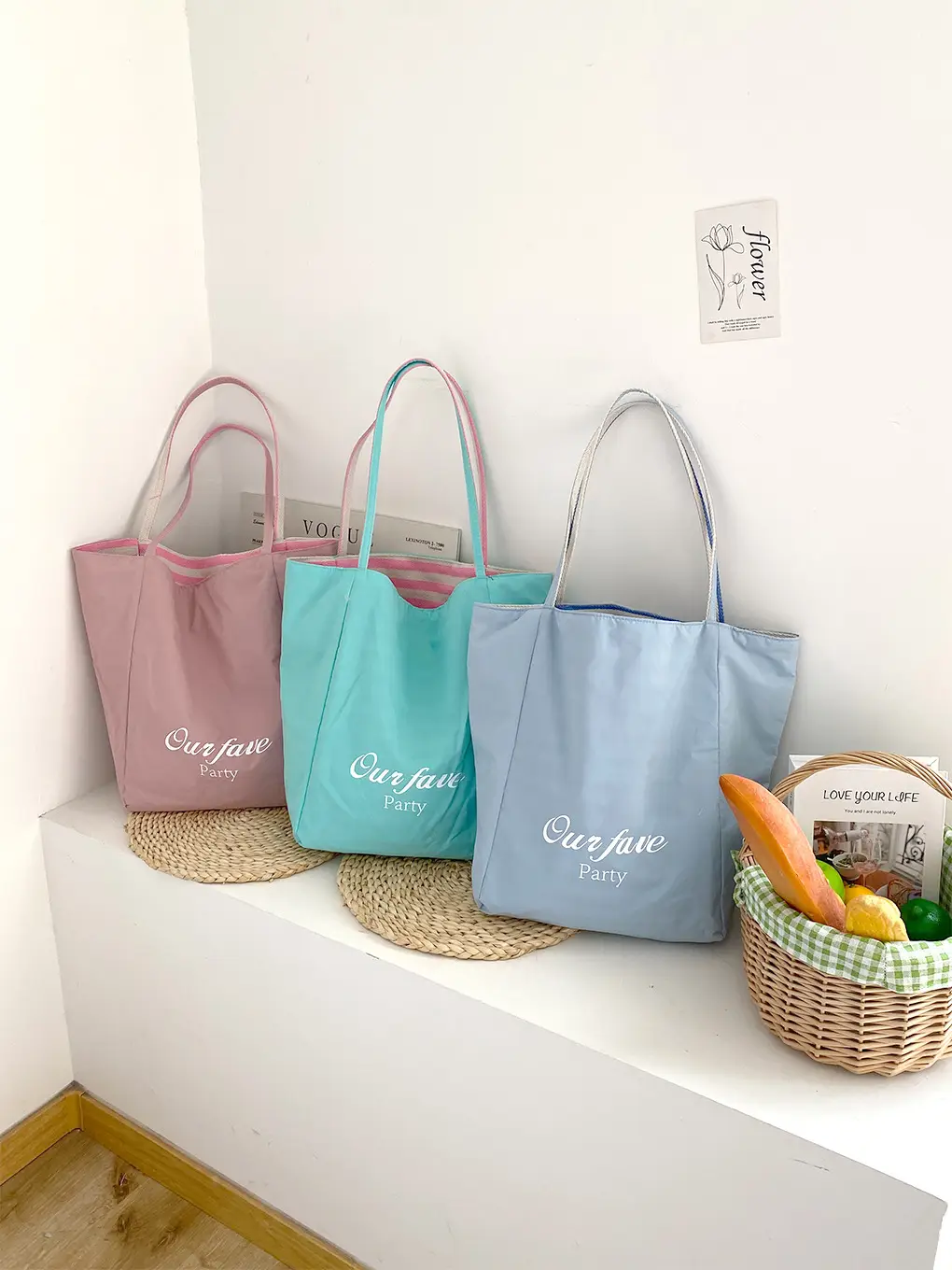 Striped Canvas Tote Bag with Blue Drawstring - Image 11