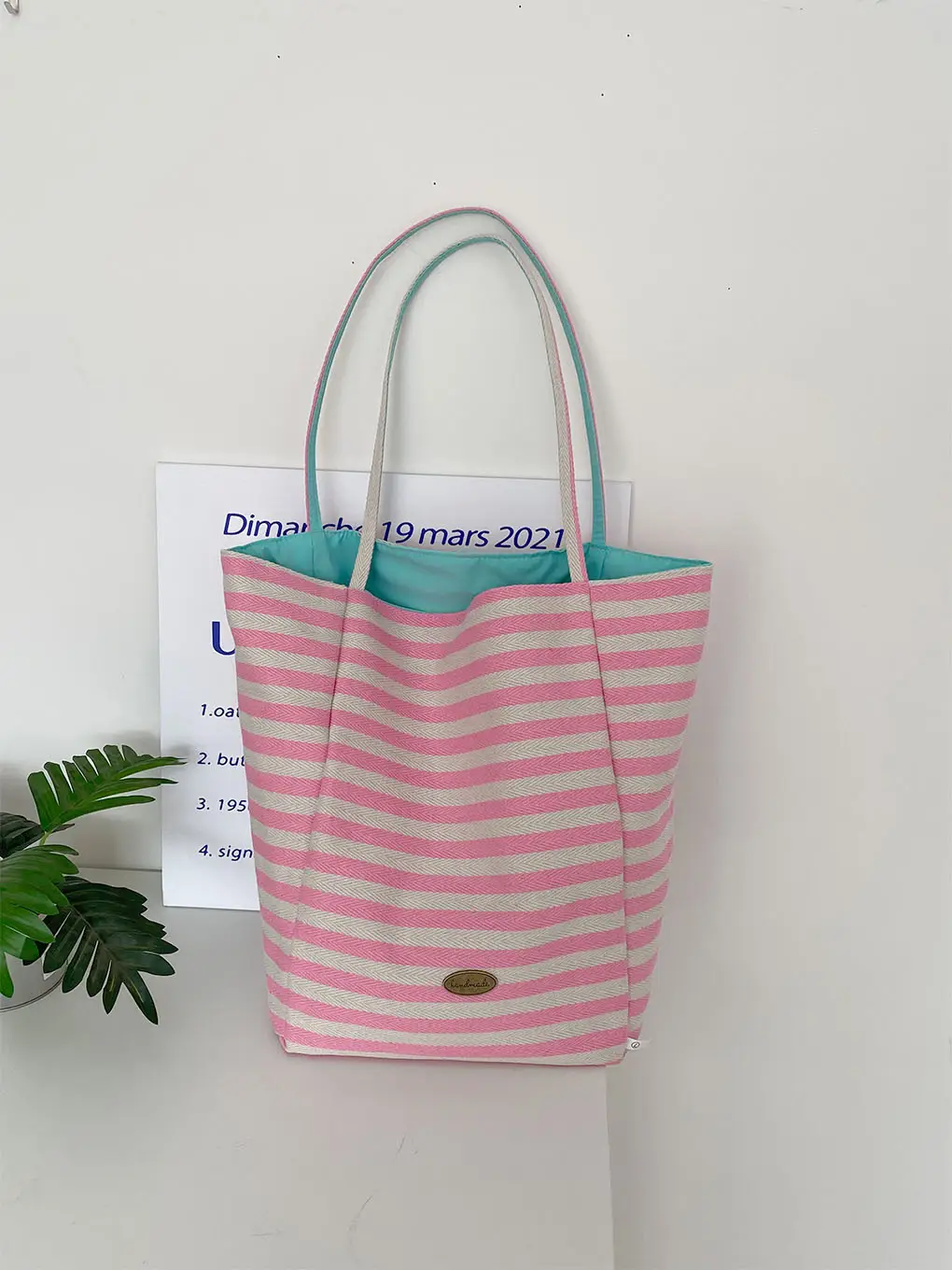 Striped Canvas Tote Bag with Blue Drawstring — feature 10