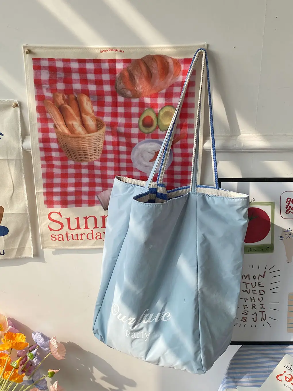 Striped Canvas Tote Bag with Blue Drawstring — feature 16