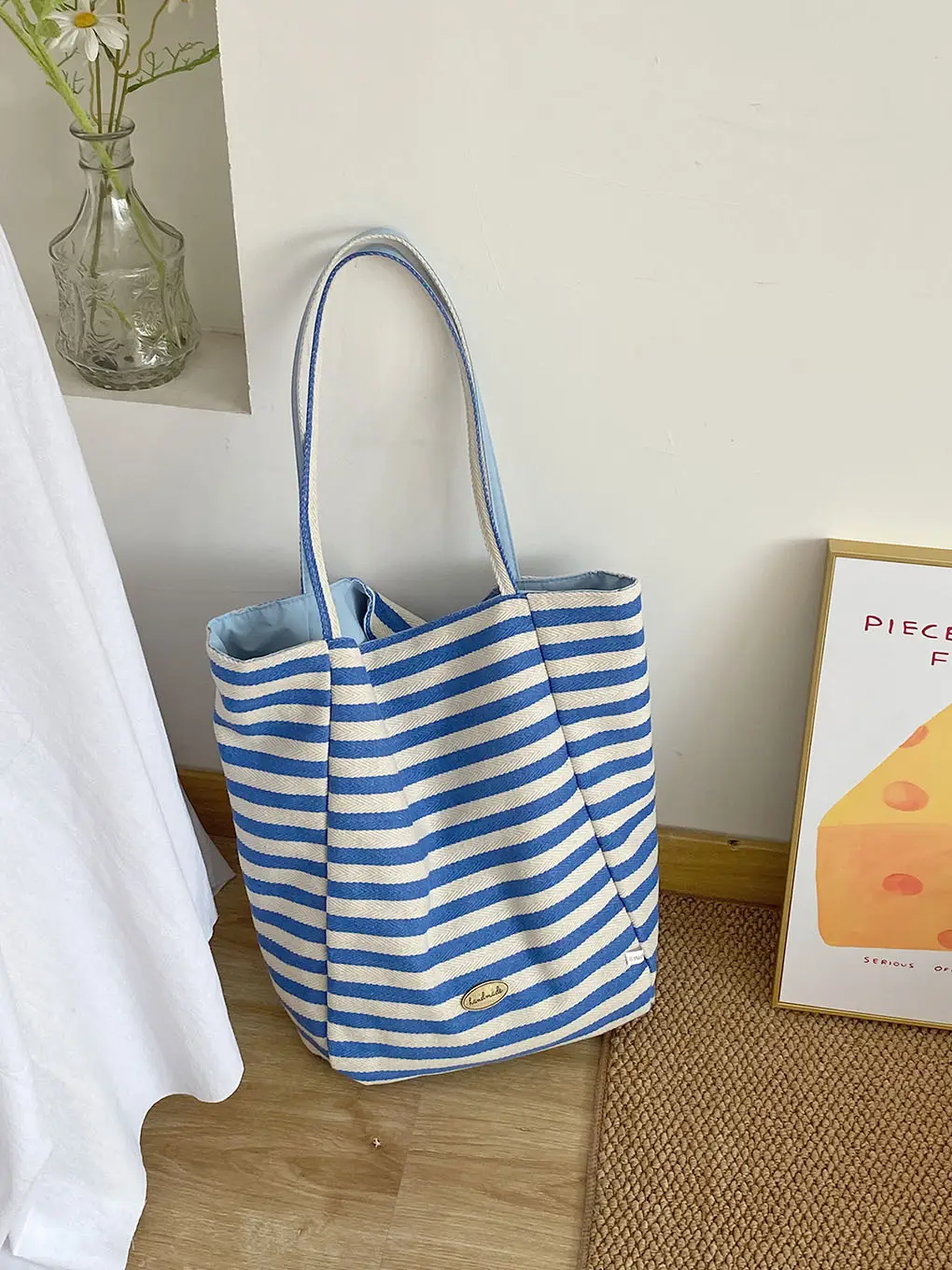 Striped Canvas Tote Bag with Blue Drawstring — feature 6
