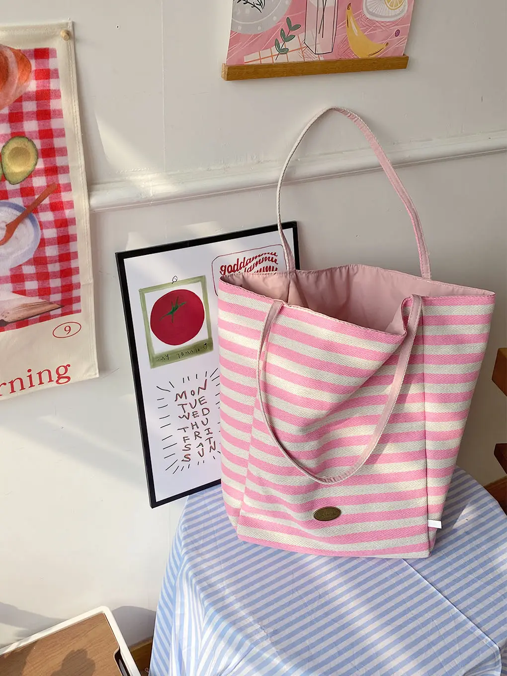 Striped Canvas Tote Bag with Blue Drawstring — feature 8