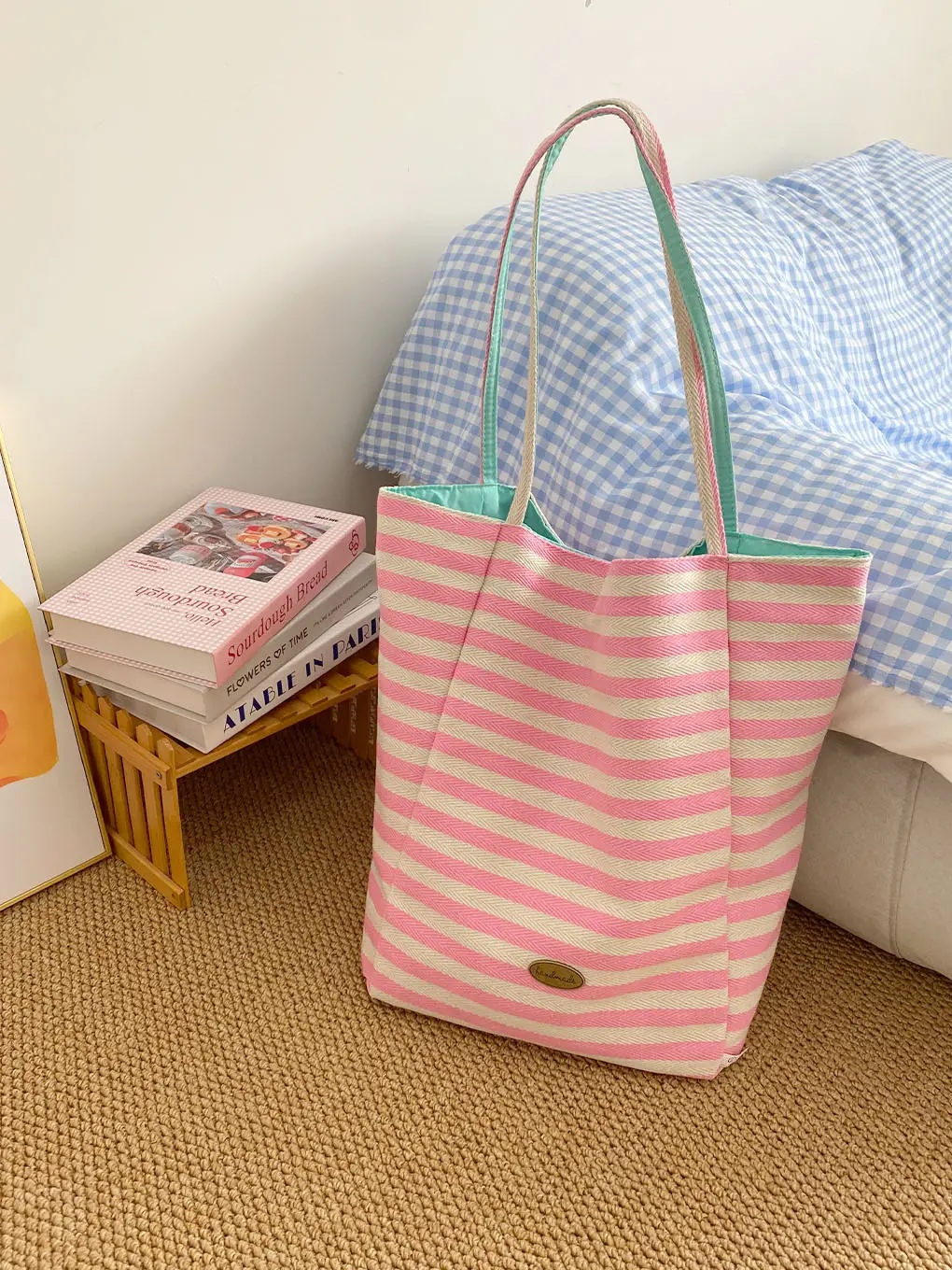 Striped Canvas Tote Bag with Blue Drawstring — feature 9