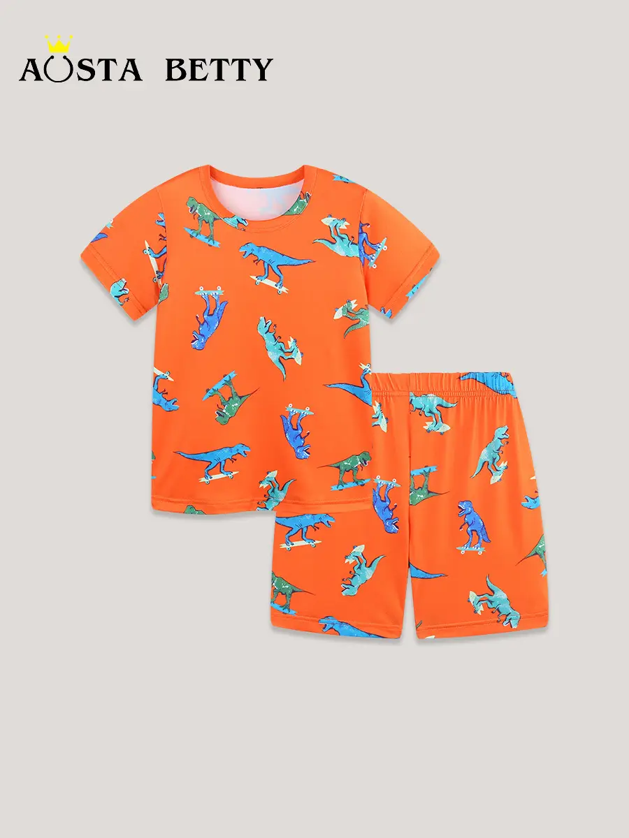 Kids Orange Dinosaur Printed T-Shirt 2-Piece Set
