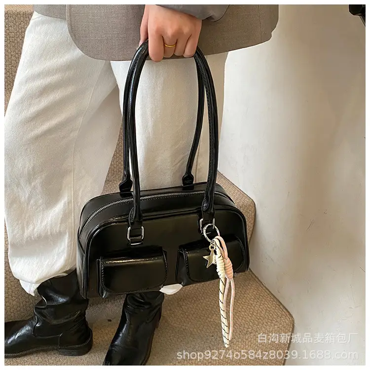 Black Korean Style Double-Pocket Shoulder Bag — feature 12
