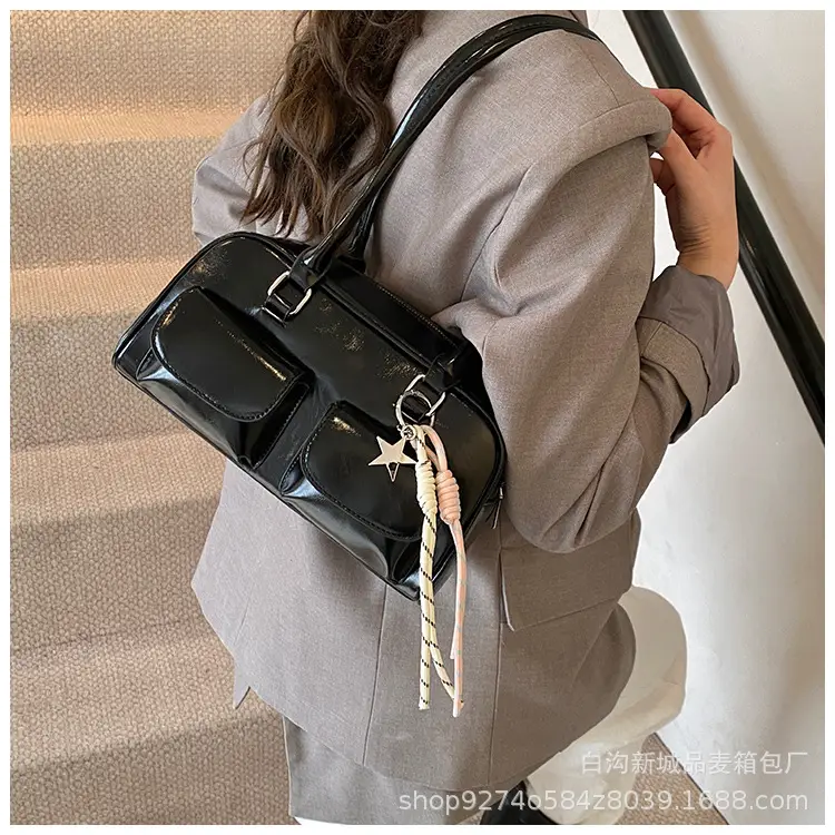 Black Korean Style Double-Pocket Shoulder Bag — feature 13