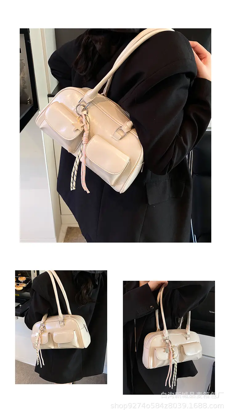 Black Korean Style Double-Pocket Shoulder Bag — feature 5