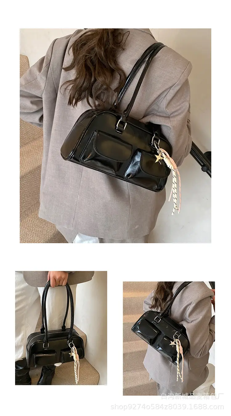 Black Korean Style Double-Pocket Shoulder Bag — feature 6
