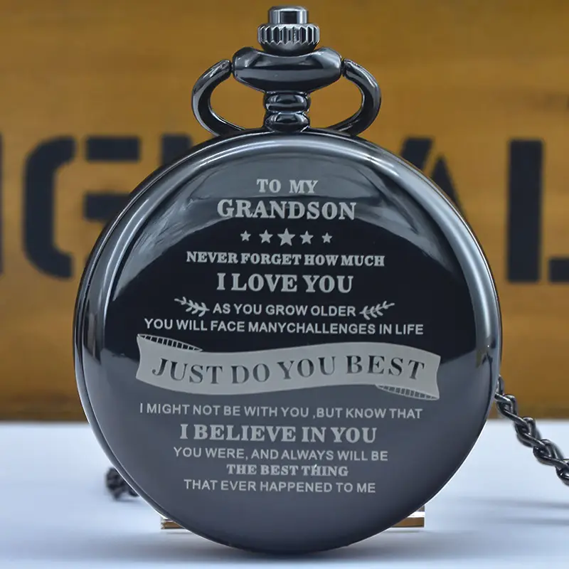 Black Laser Engraved Pocket Watch with Chain