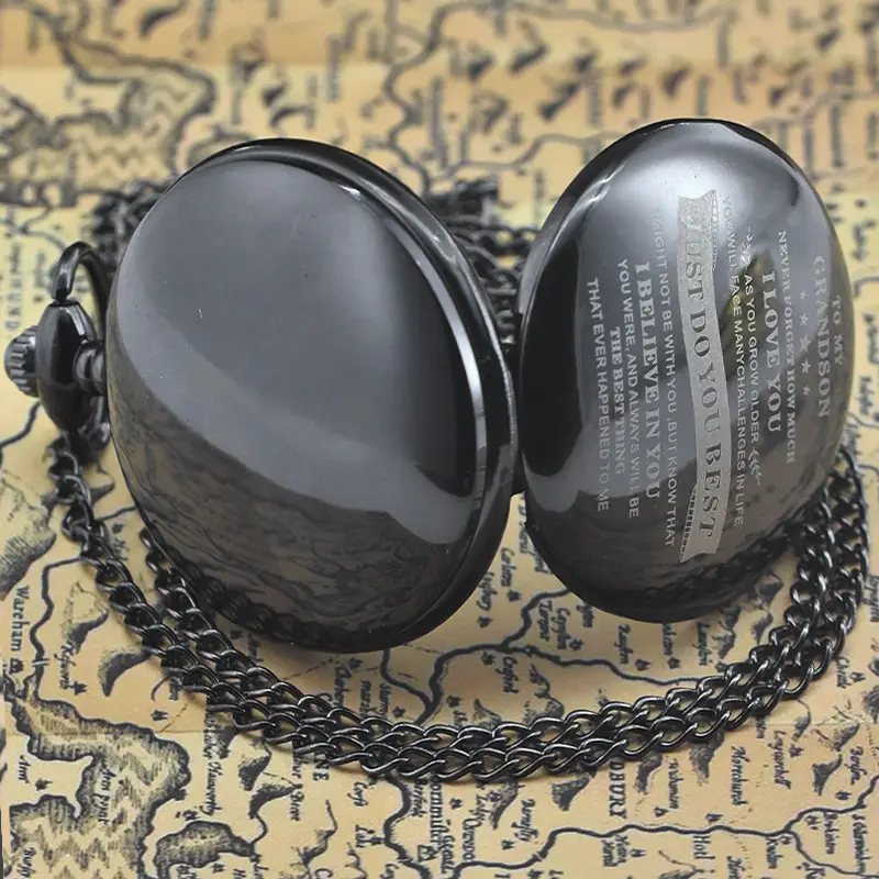 Black Laser Engraved Pocket Watch with Chain