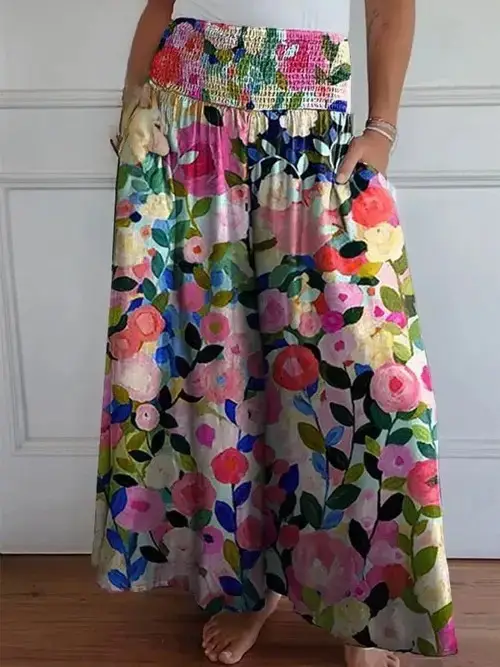 Women's Floral Wide Leg Pants with Elastic Waistband — feature 6