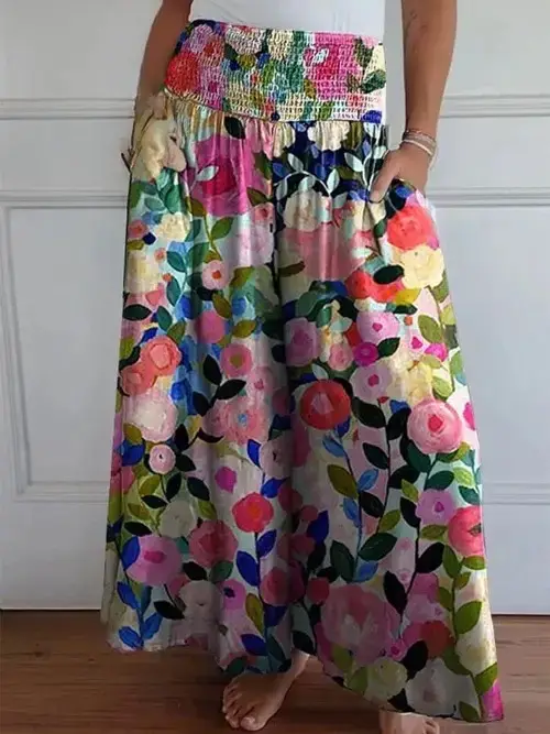 Women's Floral Wide Leg Pants with Elastic Waistband - Image 3