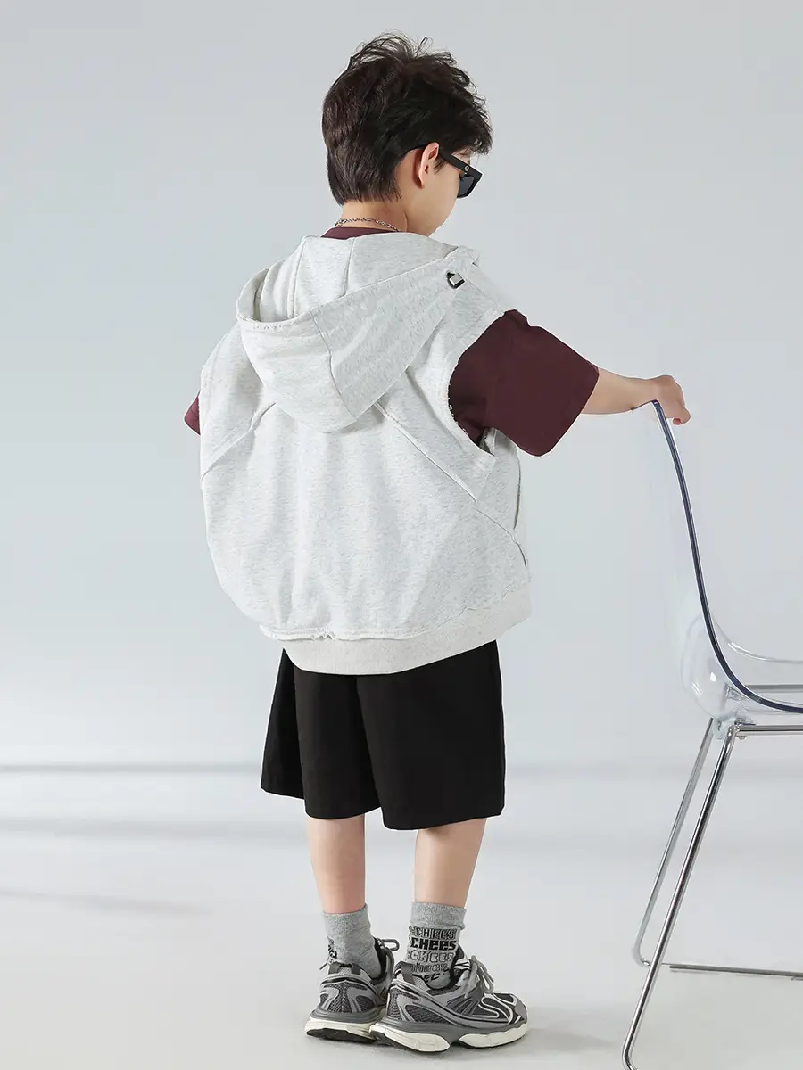 Boys Summer Hooded Vest Shorts Set Maroon White 2025 - Image 4