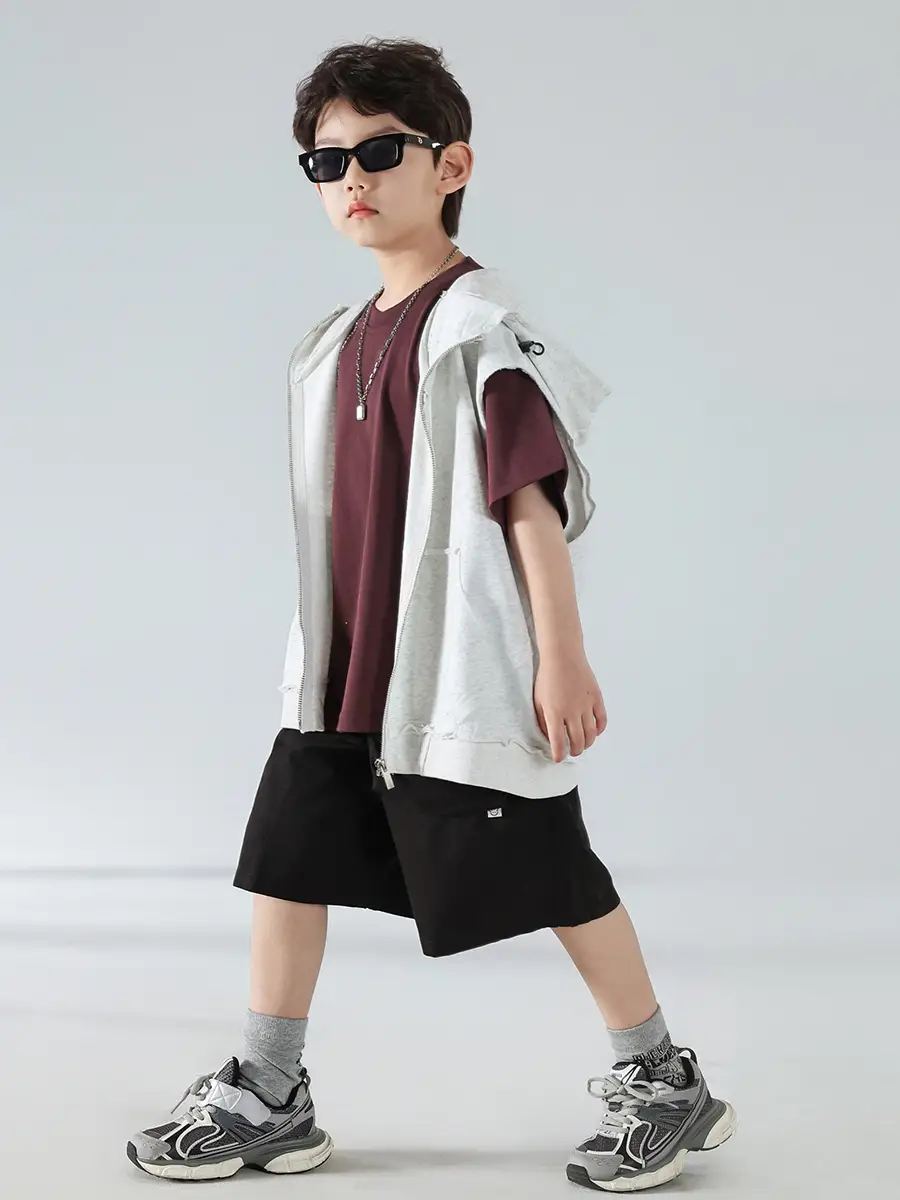 Boys Summer Hooded Vest Shorts Set Maroon White 2025 - Image 5