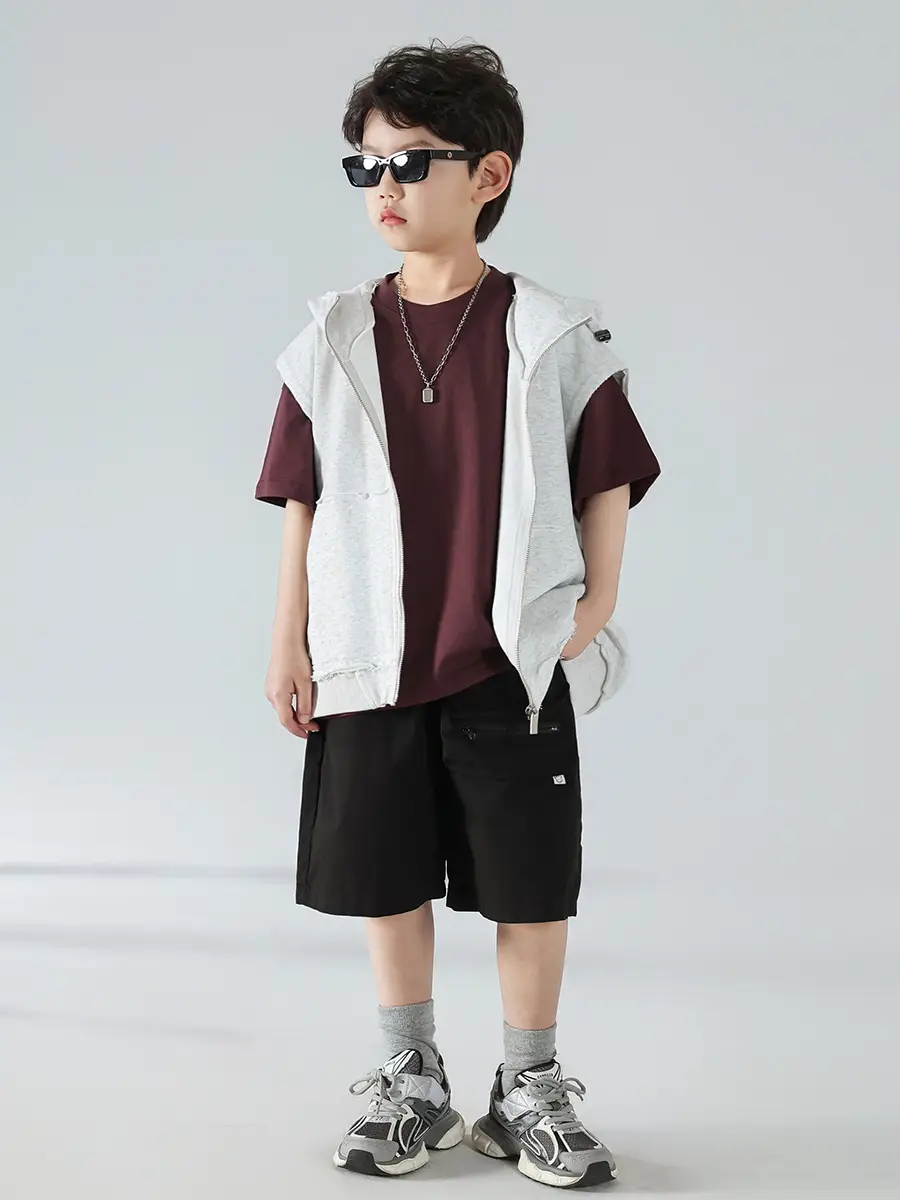Boys Summer Hooded Vest Shorts Set Maroon White 2025 - Image 6