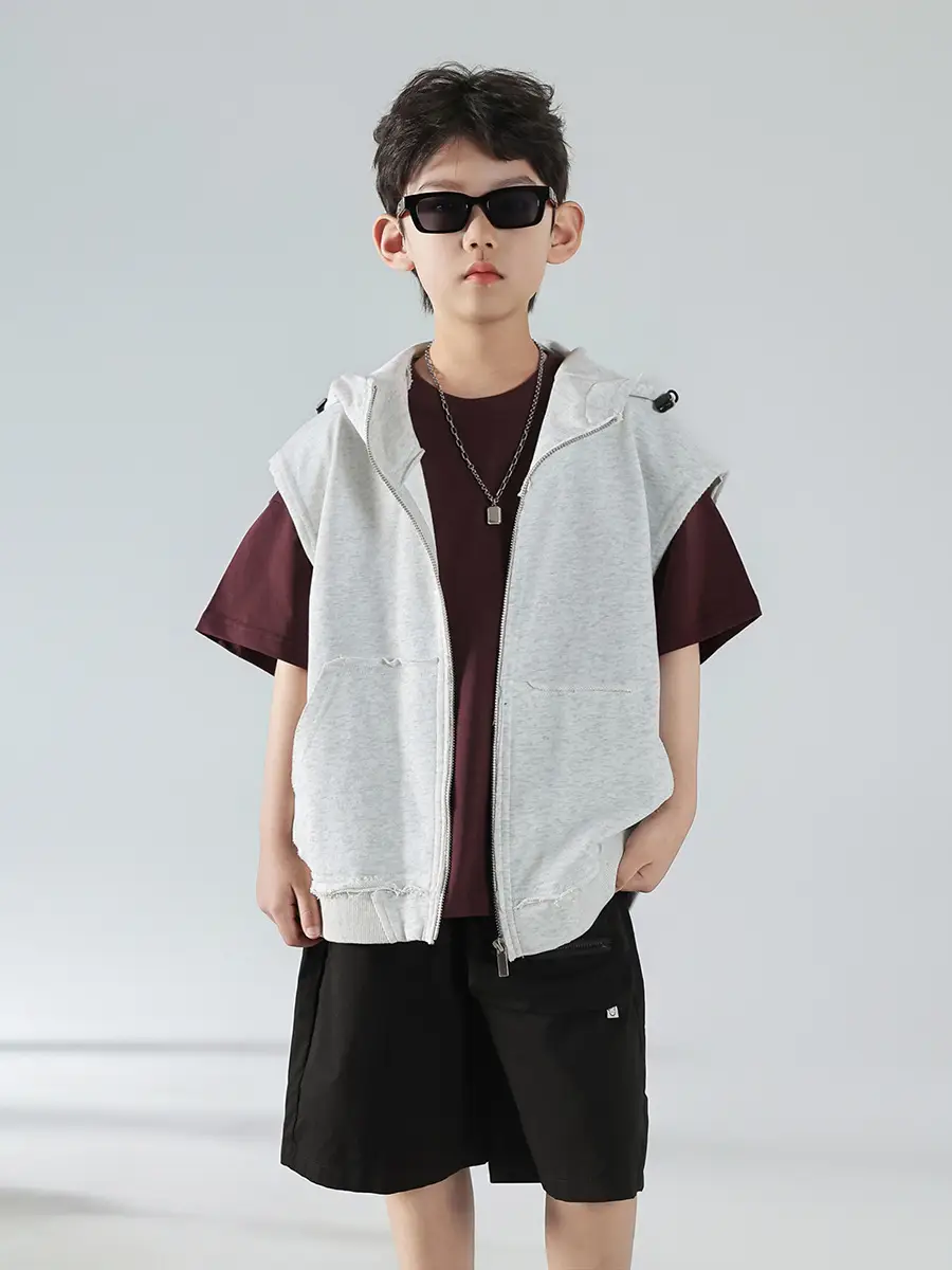 Boys Summer Hooded Vest Shorts Set Maroon White 2025 — feature 23