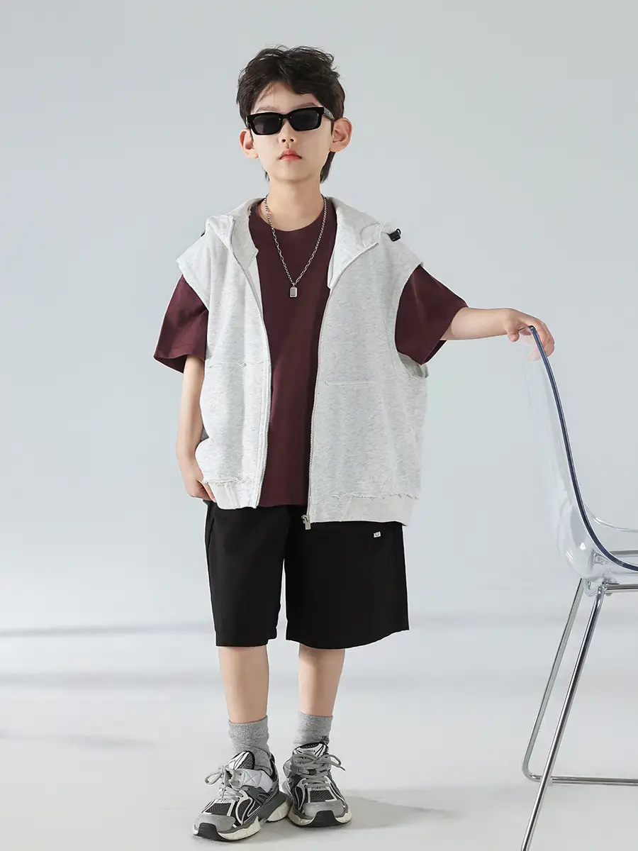 Boys Summer Hooded Vest Shorts Set Maroon White 2025 — feature 24