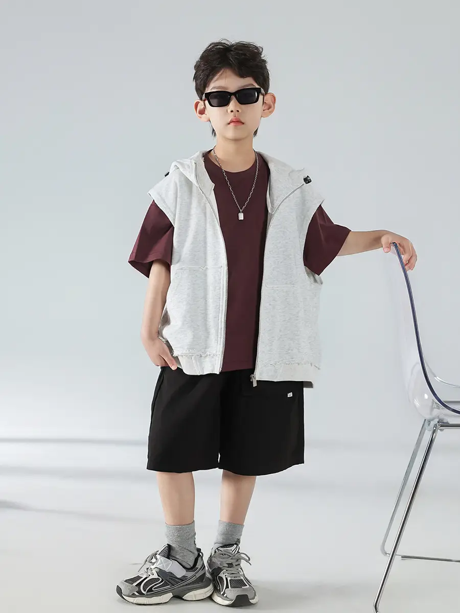 Boys Summer Hooded Vest Shorts Set Maroon White 2025 — feature 25