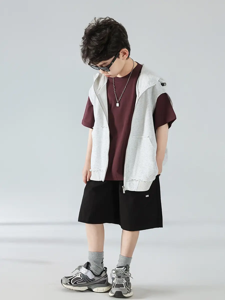 Boys Summer Hooded Vest Shorts Set Maroon White 2025 — feature 26