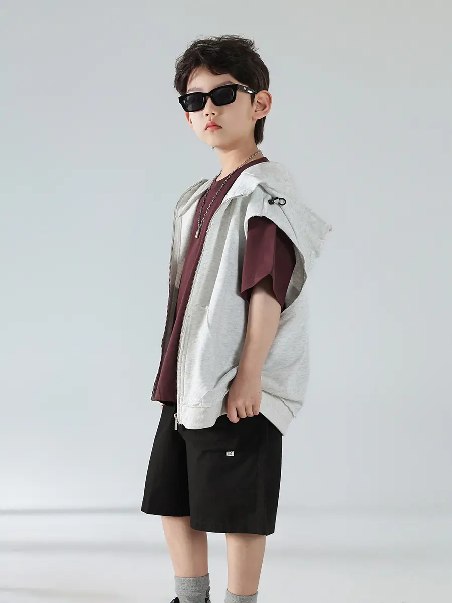 Boys Summer Hooded Vest Shorts Set Maroon White 2025 — feature 27
