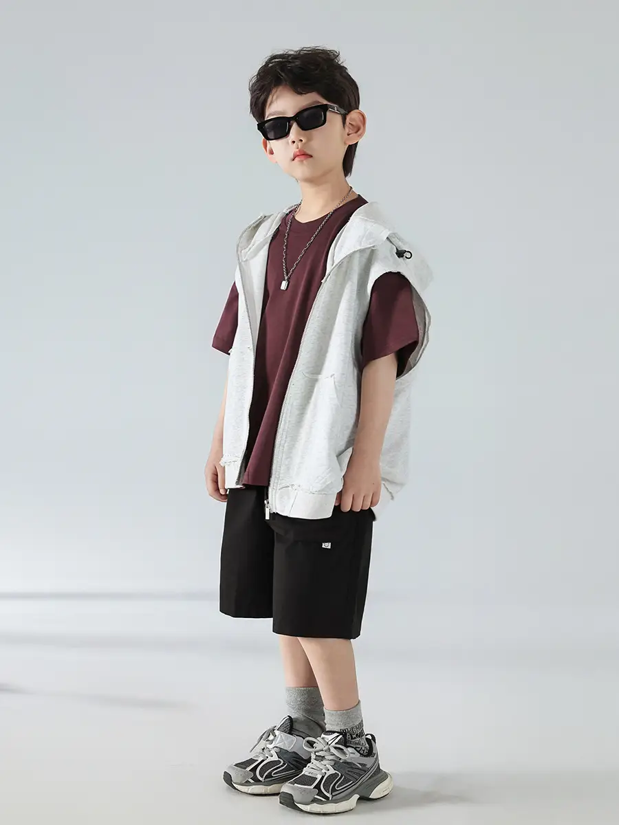Boys Summer Hooded Vest Shorts Set Maroon White 2025 — feature 28