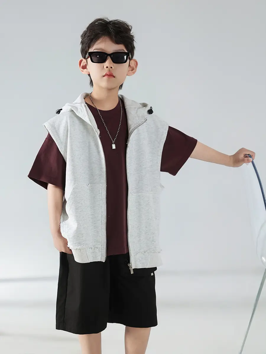 Boys Summer Hooded Vest Shorts Set Maroon White 2025 — feature 29