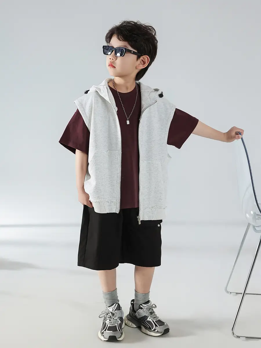 Boys Summer Hooded Vest Shorts Set Maroon White 2025 — feature 30