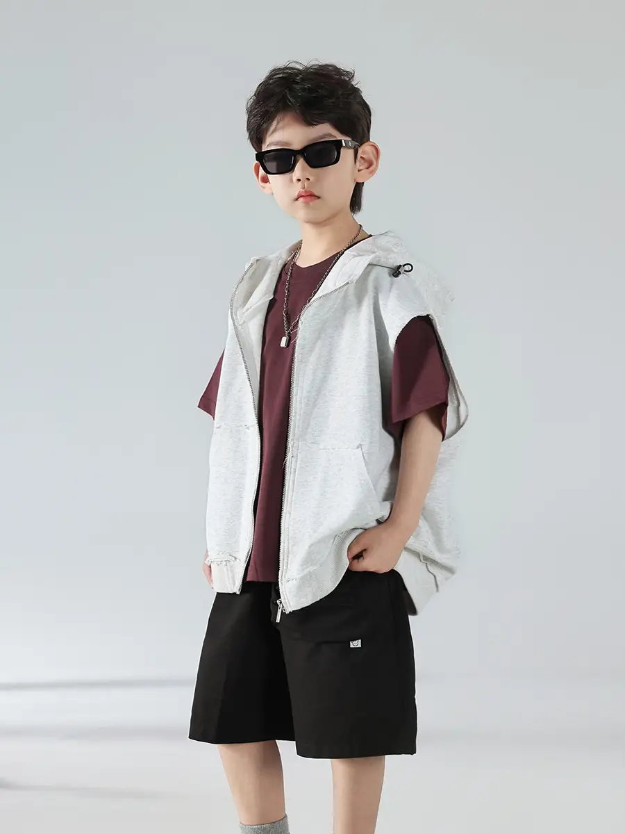 Boys Summer Hooded Vest Shorts Set Maroon White 2025 — feature 31
