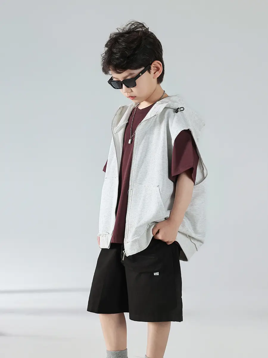 Boys Summer Hooded Vest Shorts Set Maroon White 2025 — feature 32