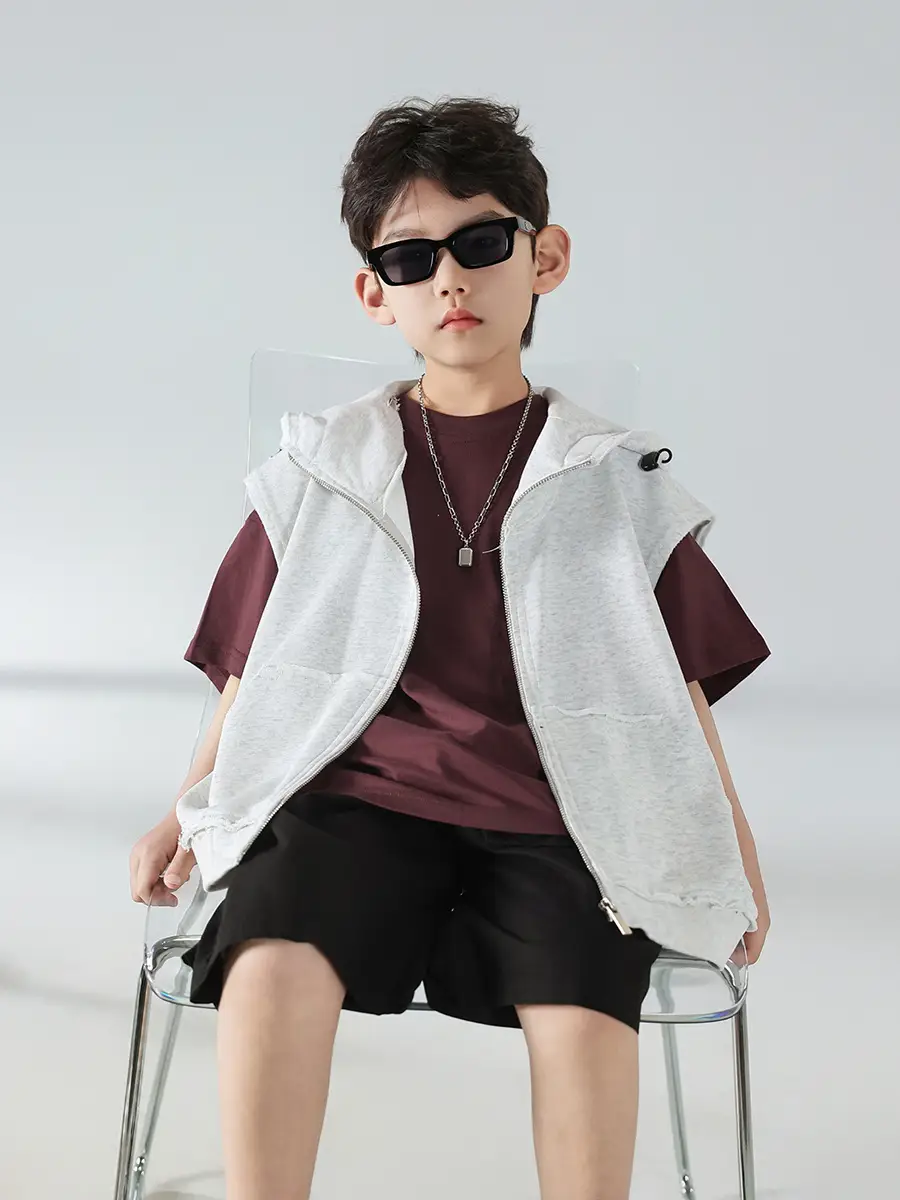 Boys Summer Hooded Vest Shorts Set Maroon White 2025 — feature 33