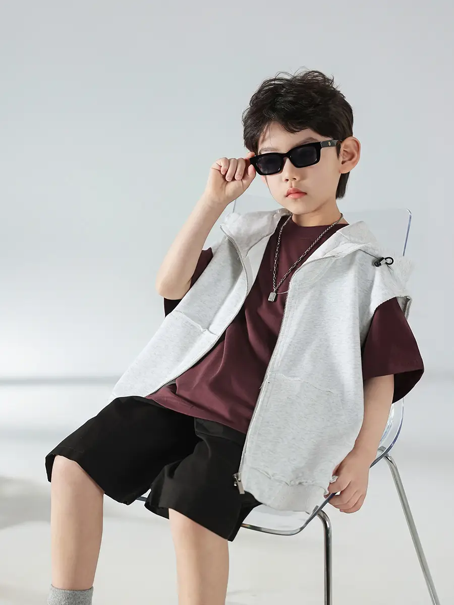 Boys Summer Hooded Vest Shorts Set Maroon White 2025 — feature 34
