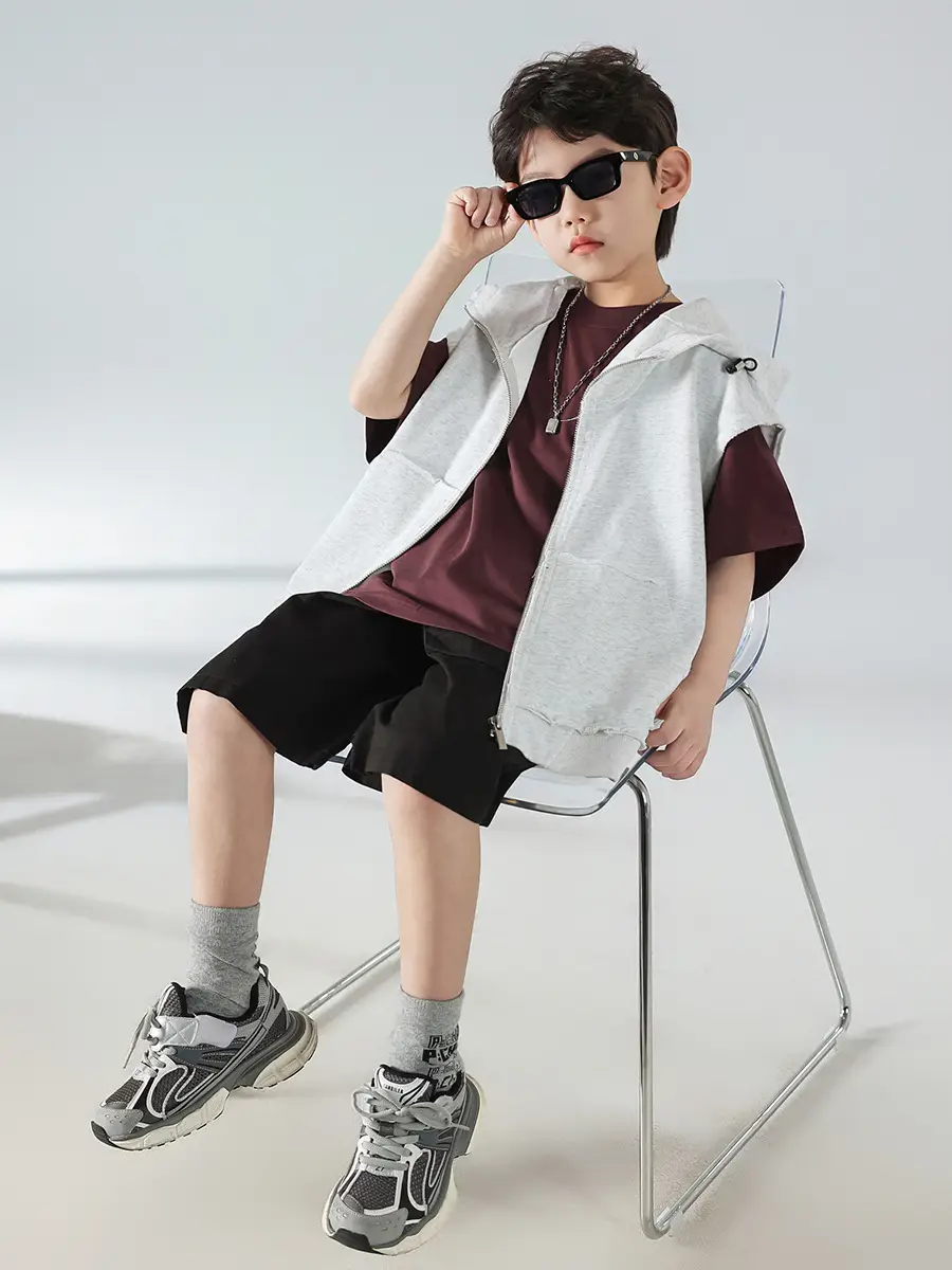 Boys Summer Hooded Vest Shorts Set Maroon White 2025 — feature 7