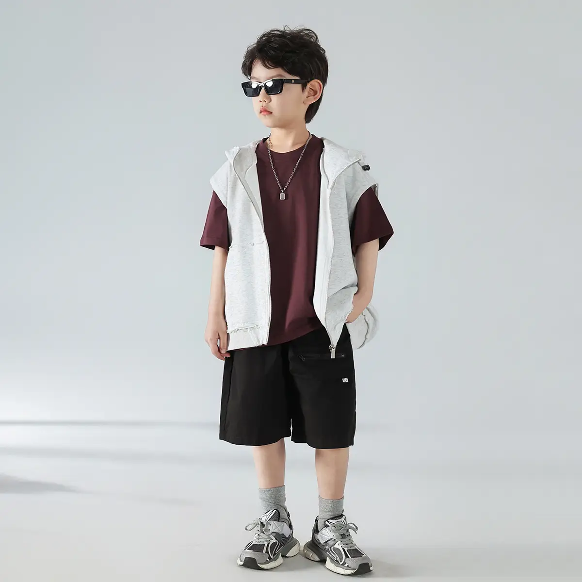 Boys Summer Hooded Vest Shorts Set Maroon White 2025