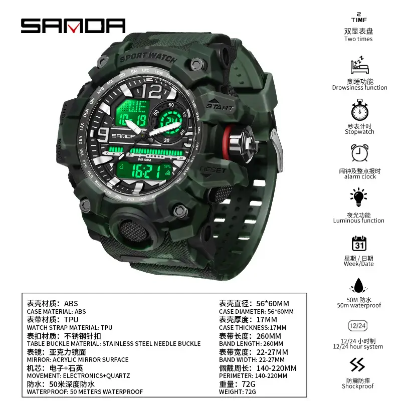 SANDA Camouflage Double Display Men's Watch - Image 26