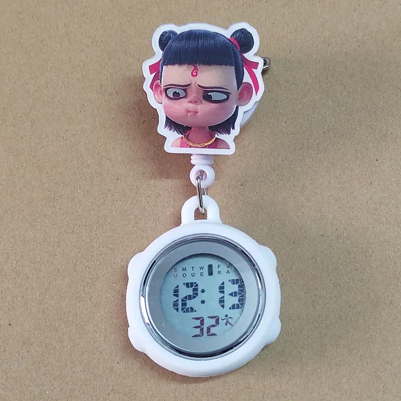 Nezha Expression Nurse Chest Watch Retractable Medical Digital Electronic Hanging Watch Pocket Watch Clip Student Backpack Hanging Watch - Image 2